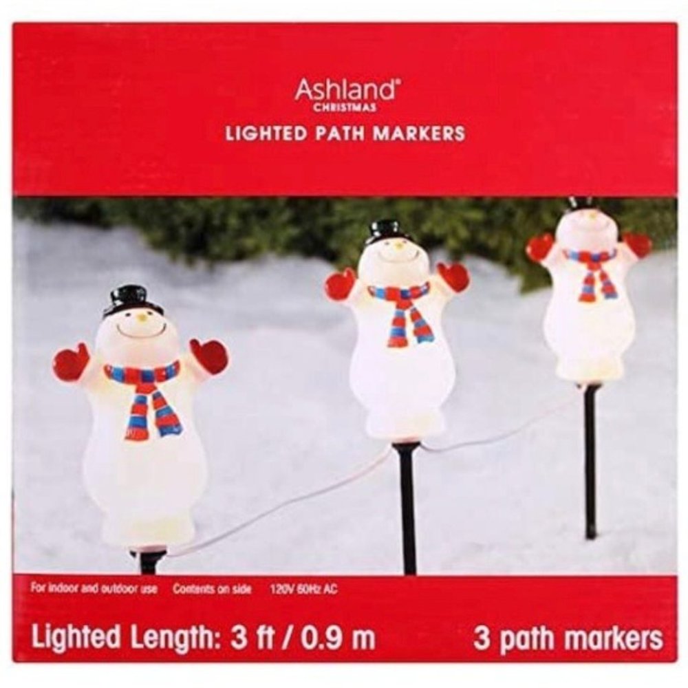 CHRISTMAS LIGHTED PATH MARKERS 3-SNOWMEN 3 FEET, NEW IN BOX